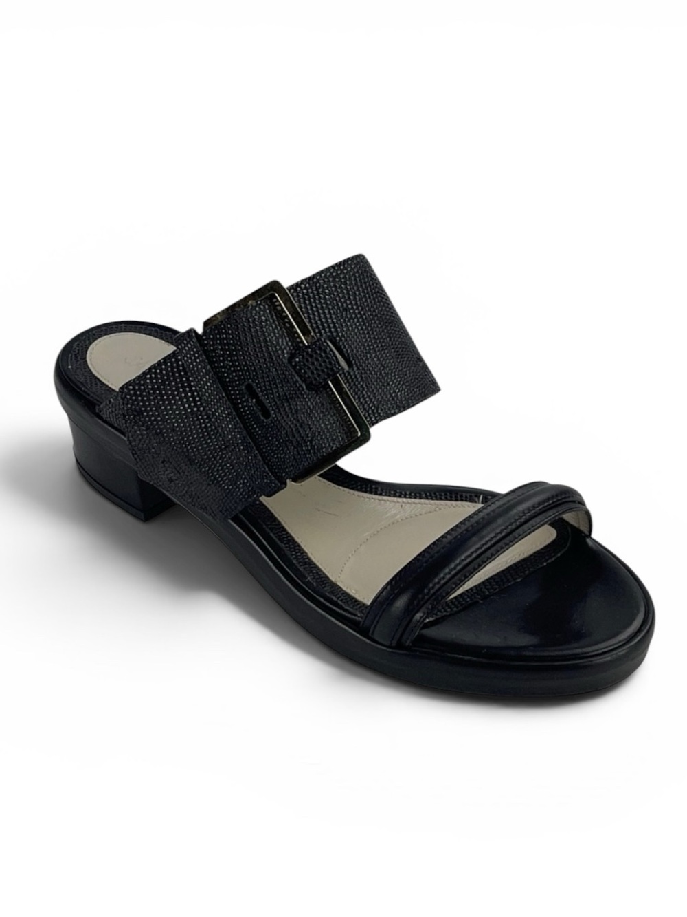 JASON WU BUCKLED DOUBLE BAND TEXTURED BLACK LEATHER SLIP ON MULE SANDAL HEELS